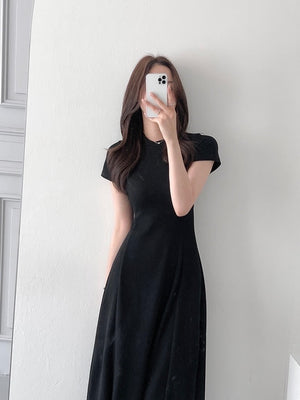 Round Neck A-line Solid Elegant Dress