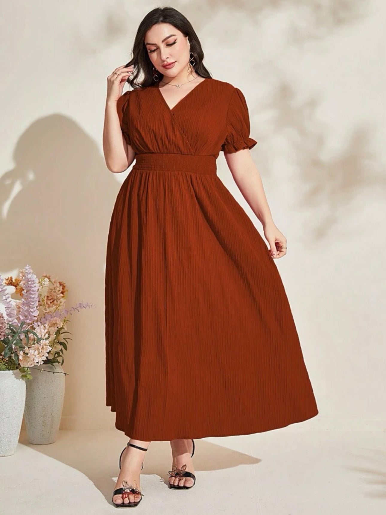 Surplice V-neck Elastic Sleeve Garter Waist Plus Size Dress