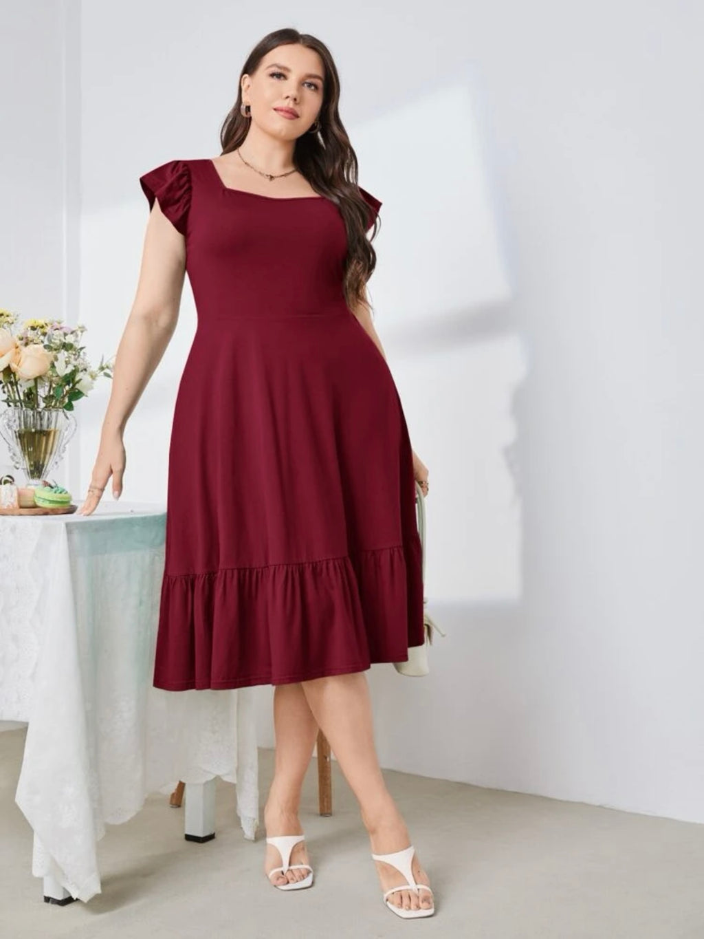 Square Neck Ruffle Sleeve Solid Plus Size Dress