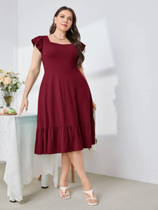 Square Neck Ruffle Sleeve Solid Plus Size Dress