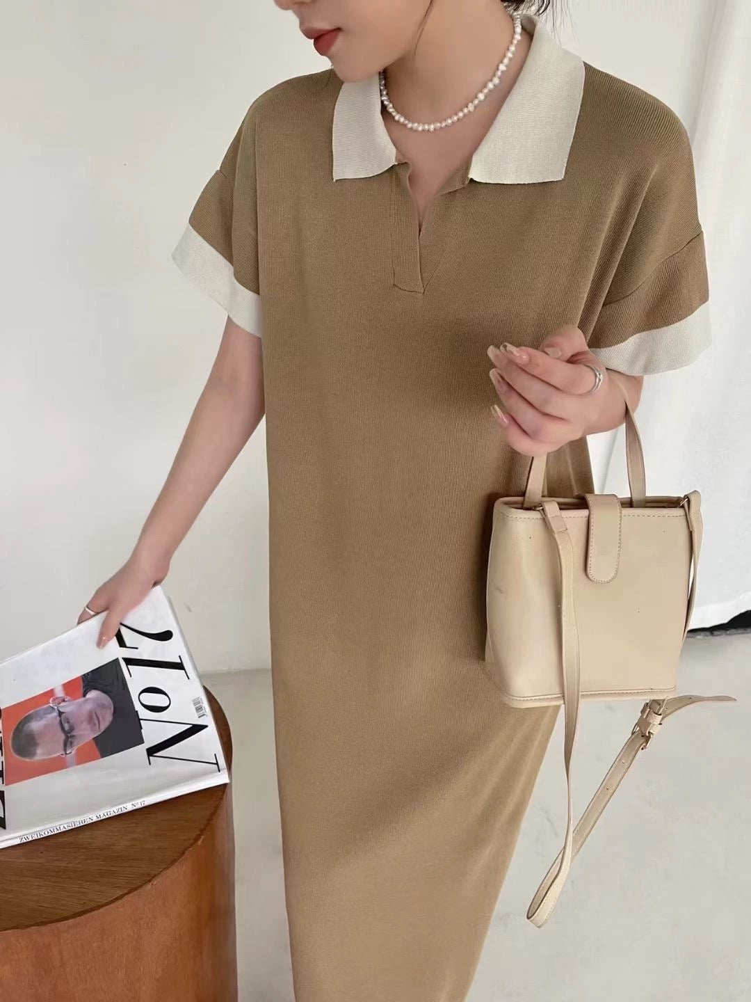 Two Tone Collar Neck Patch Sleeve Oversize Knitted Polo Dress