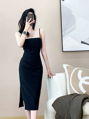 Ruched Side Slit Square Neck Solid Elegant Cami Dress