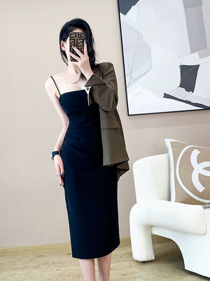 Ruched Side Slit Square Neck Solid Elegant Cami Dress