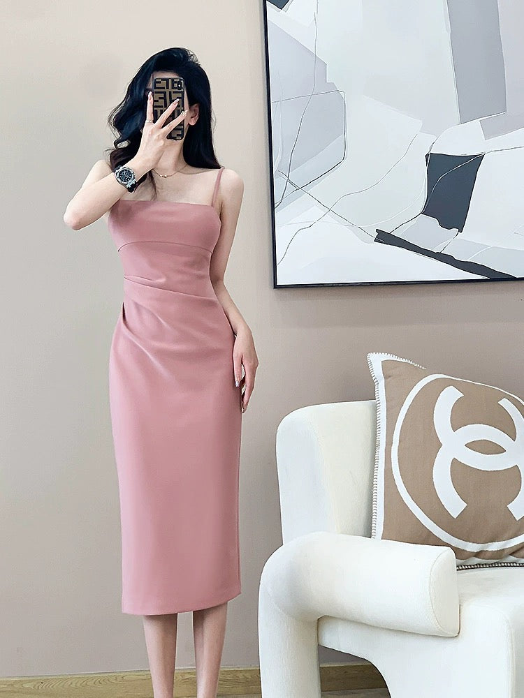 Ruched Side Slit Square Neck Solid Elegant Cami Dress