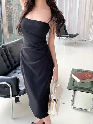 Ruched Side Slit Square Neck Solid Elegant Cami Dress