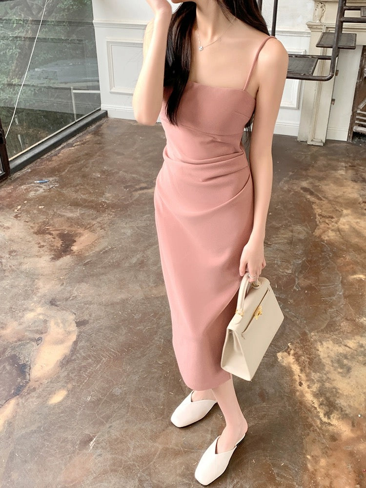 Ruched Side Slit Square Neck Solid Elegant Cami Dress