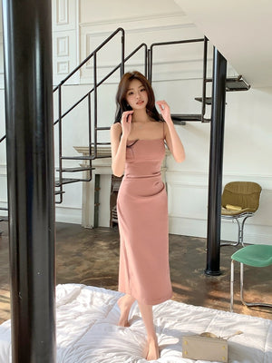 Ruched Side Slit Square Neck Solid Elegant Cami Dress