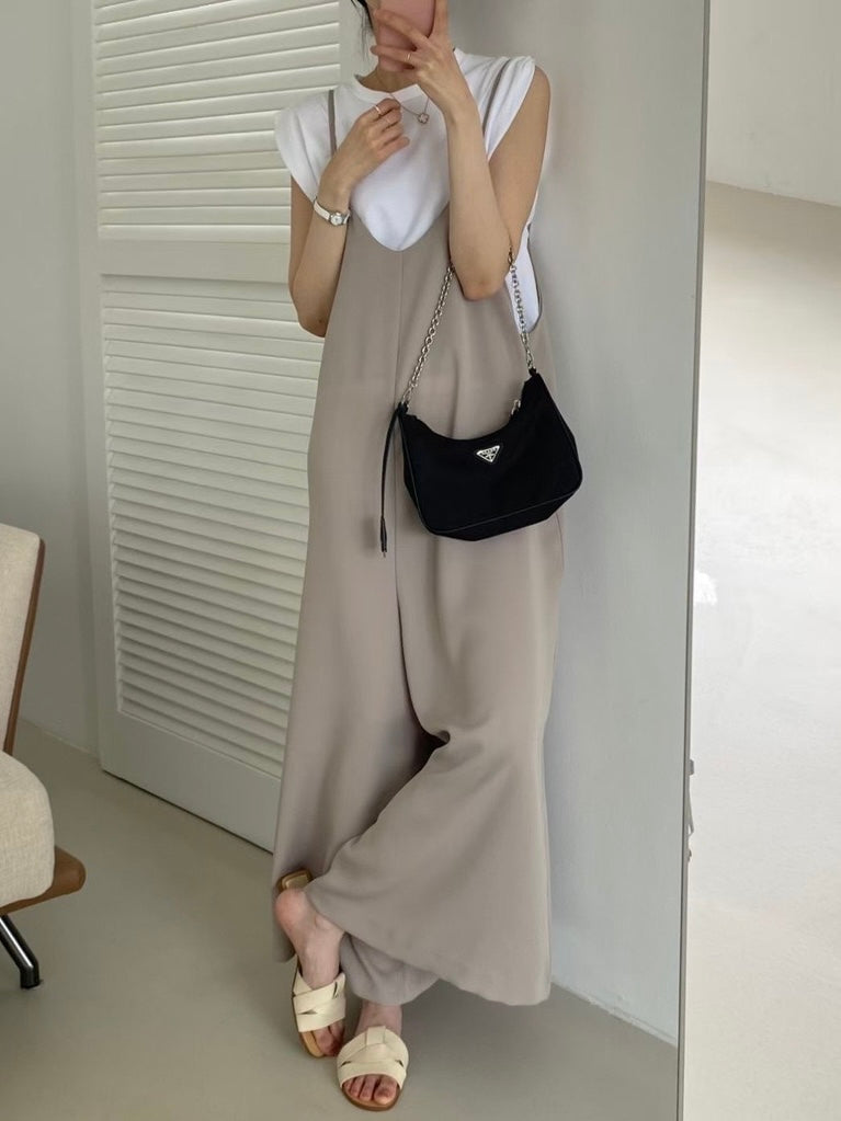 V-neck Side Pocket Loose Cami Jumpsuit & Solid Loose Top Terno Set