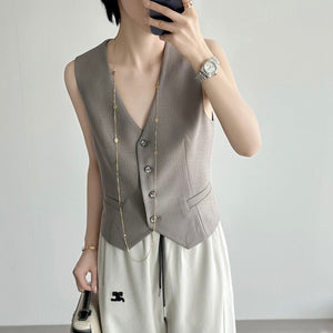 Button Down V-neck False Side Pocket Vest Top