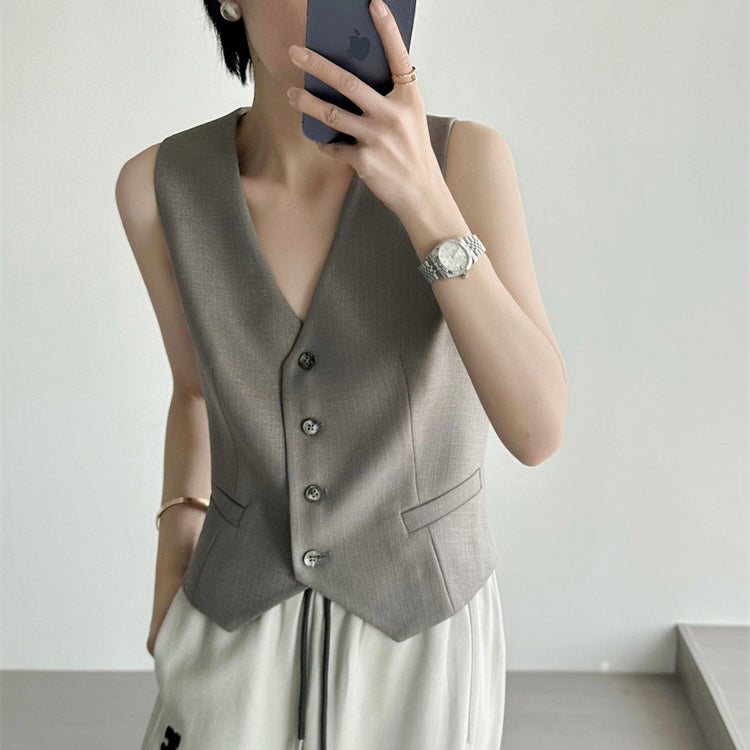 Button Down V-neck False Side Pocket Vest Top