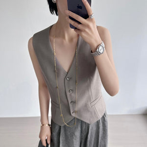 Button Down V-neck False Side Pocket Vest Top