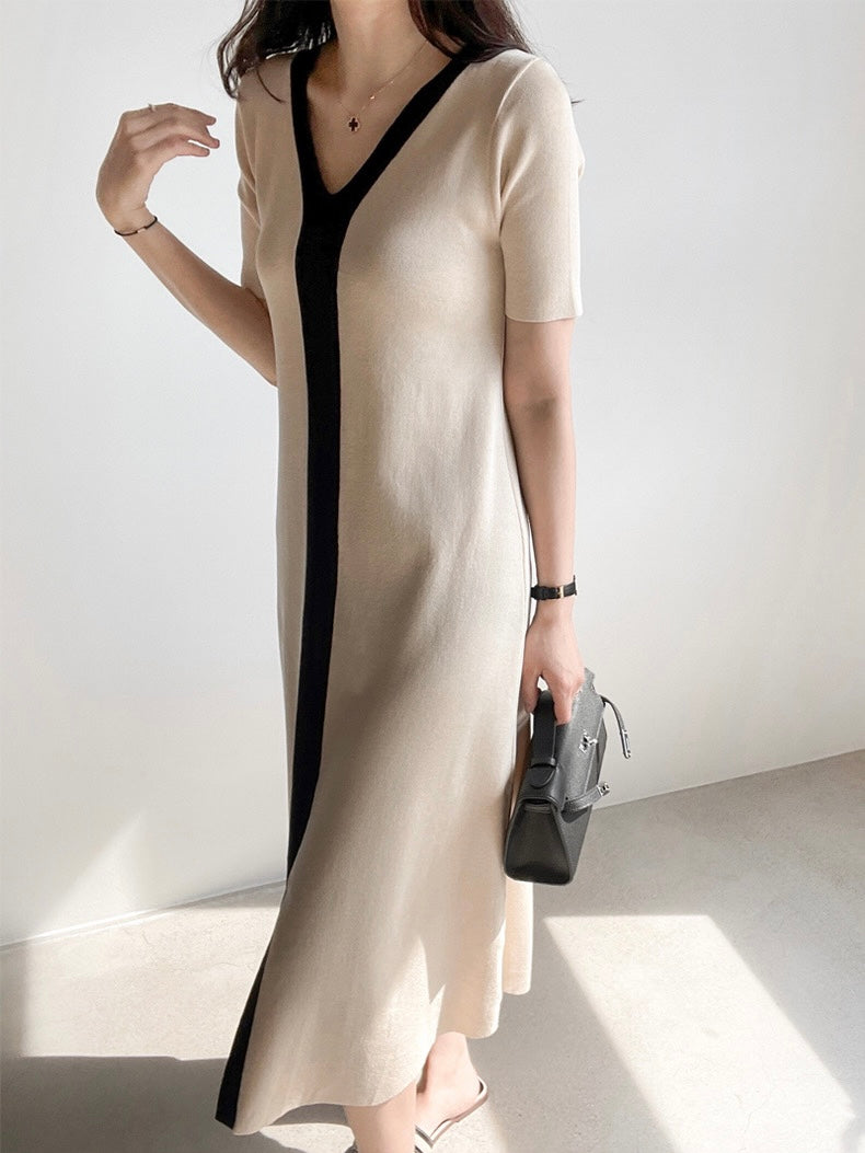 Premium V-neck Front Slit Two Tone Oversize Knitted Dress