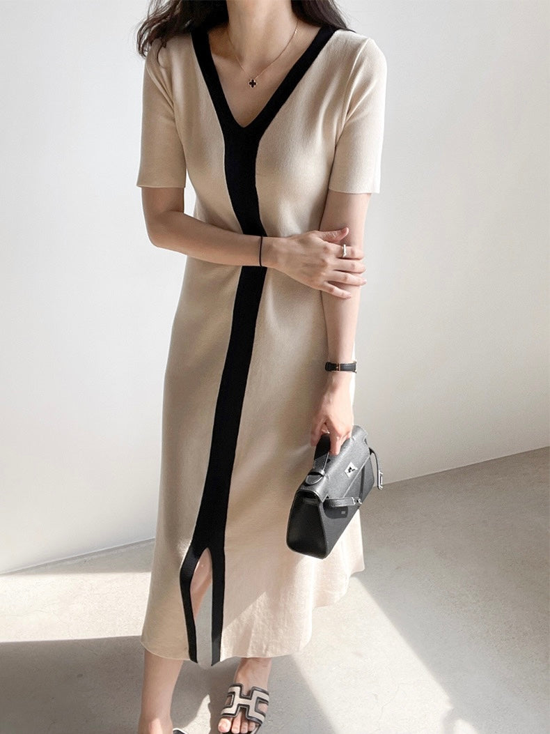 Premium V-neck Front Slit Two Tone Oversize Knitted Dress