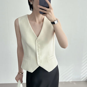 Button Down V-neck False Side Pocket Vest Top