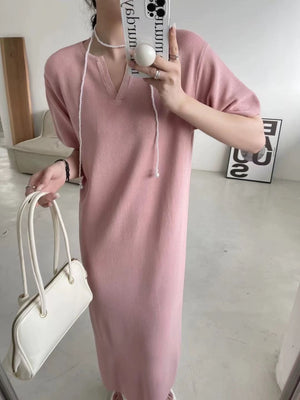 V-neck Short Sleeve Daily Outfit Oversize Knitted Dress