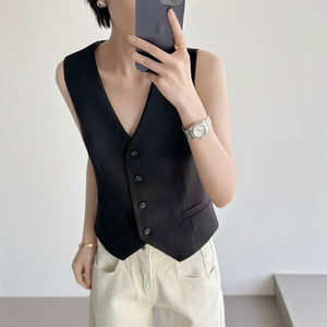 Button Down V-neck False Side Pocket Vest Top