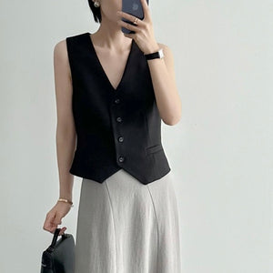 Button Down V-neck False Side Pocket Vest Top