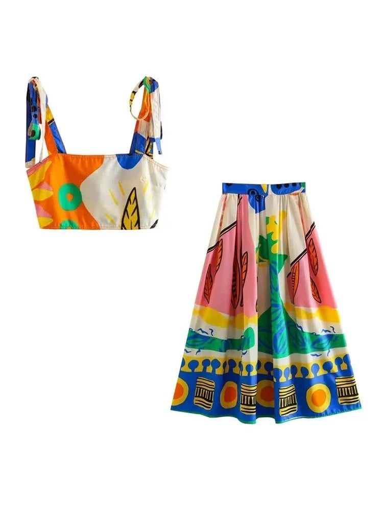 Multi Fun Print Smock Back Cami Crop Top & Skirt Terno Set Coords