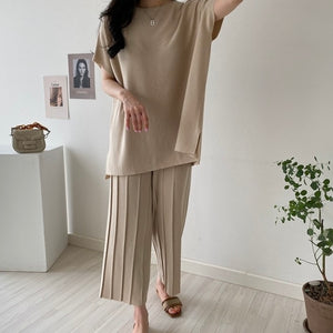 Side Slit Top & Pleated Loose Wide Leg Pants Oversize 2 in 1 Knitted Coords Terno Set