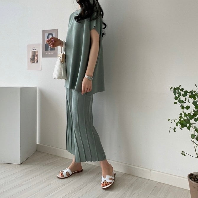 Side Slit Top & Pleated Loose Wide Leg Pants Oversize 2 in 1 Knitted Coords Terno Set