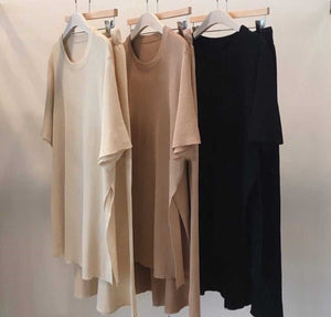Side Slit Oversize Knitted Top & Drawstring Garter Wide Leg Loose Pants 2 in 1 Coords Terno Set