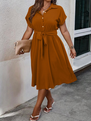 Fold-up Batwing Sleeve Garter Waist Self Belt Button-up Plus Size Polo Shirt Dress