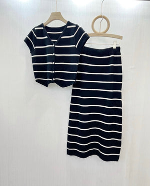 Button Down V-neck Stripe Top & Garter Skirt Knitted Terno Set Coords