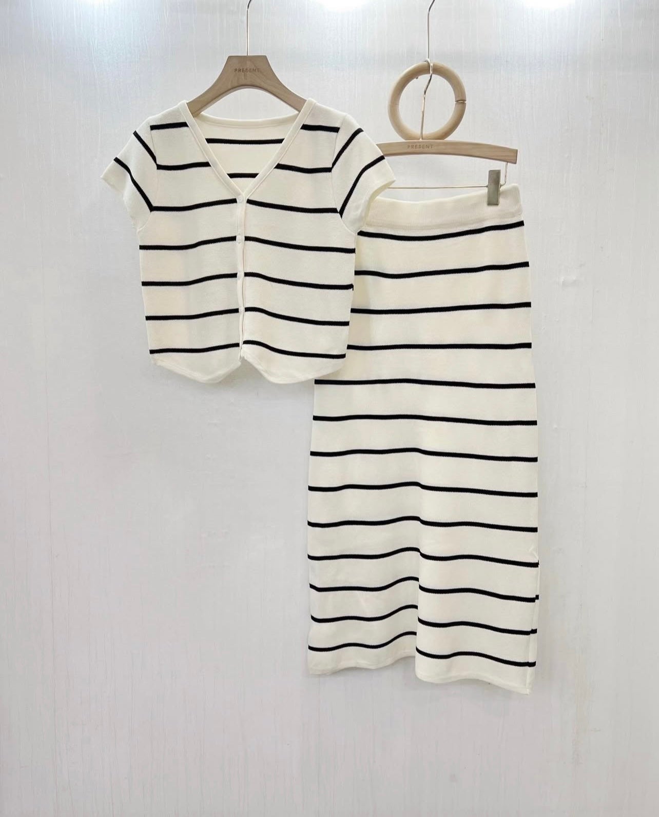 Button Down V-neck Stripe Top & Garter Skirt Knitted Terno Set Coords