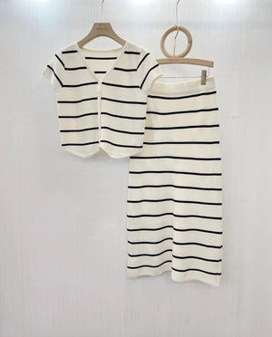 Button Down V-neck Stripe Top & Garter Skirt Knitted Terno Set Coords