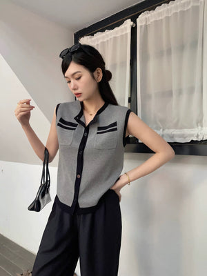 Button Down Two Tone Side Pocket Oversize Knitted Top