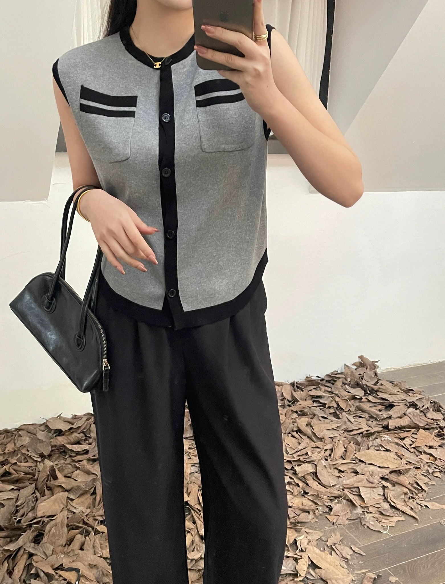 Button Down Two Tone Side Pocket Oversize Knitted Top