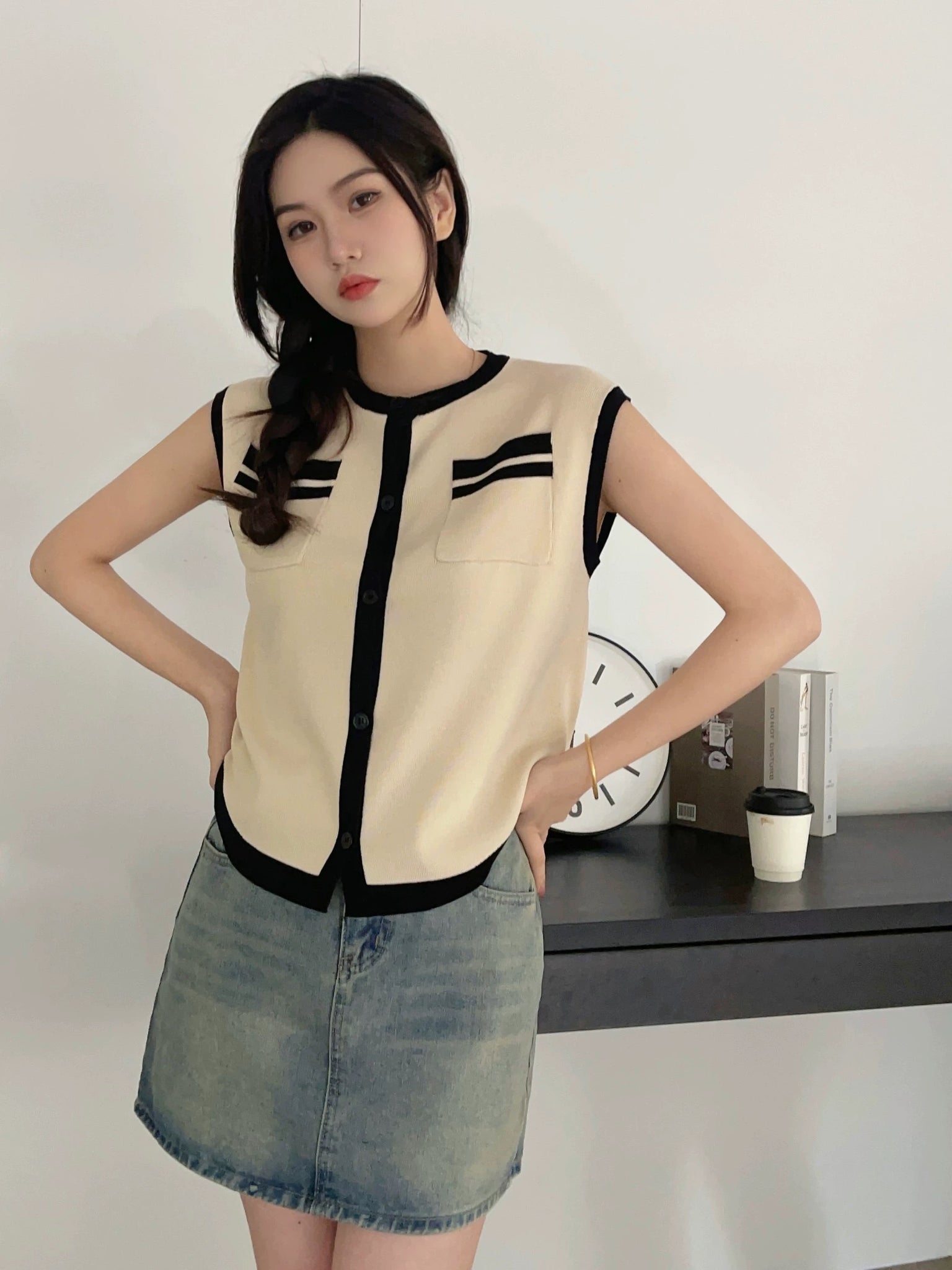 Button Down Two Tone Side Pocket Oversize Knitted Top