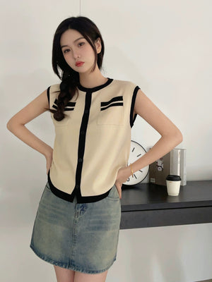 Button Down Two Tone Side Pocket Oversize Knitted Top