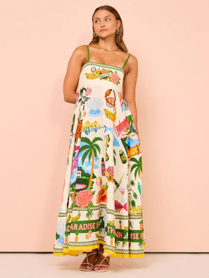 Multi Paradise View Print Shirred Back Cami Dress