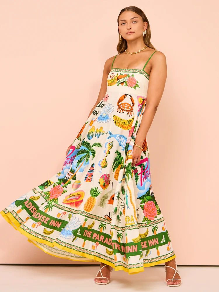 Multi Paradise View Print Shirred Back Cami Dress