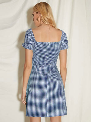 Twisted Knotted Front Elastic Sleeve Plaid Pattern Dress