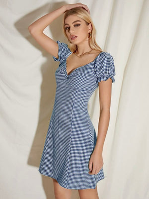 Twisted Knotted Front Elastic Sleeve Plaid Pattern Dress
