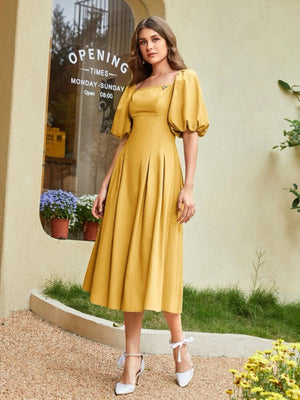 Elastic Sleeve Square Neck Solid Dress