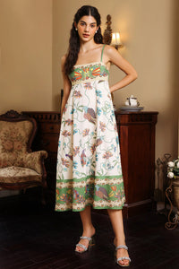 Multi Bird Plant Print Shirred Back Cami Dress