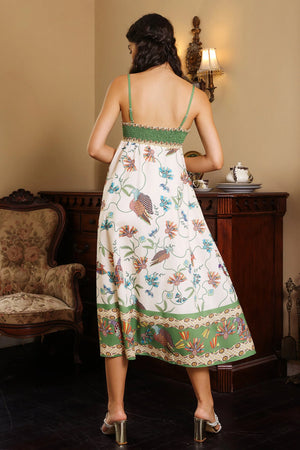 Multi Bird Plant Print Shirred Back Cami Dress