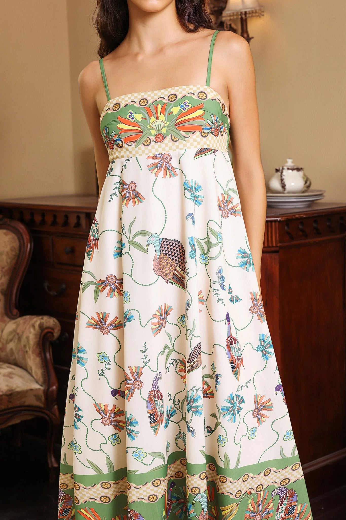 Multi Bird Plant Print Shirred Back Cami Dress