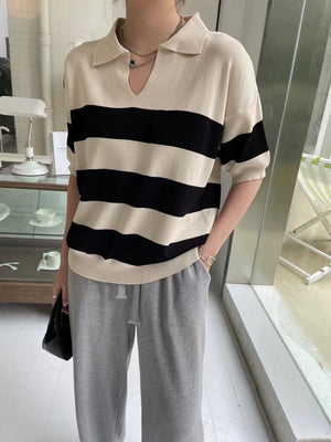 Stripe Collar Polo Neck Patch Sleeve Oversize Knitted Top