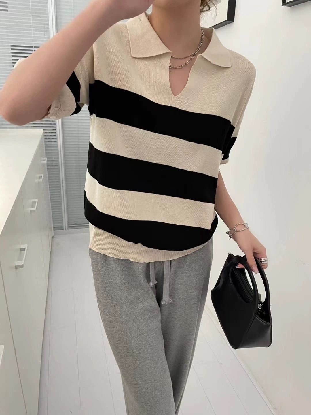 Stripe Collar Polo Neck Patch Sleeve Oversize Knitted Top