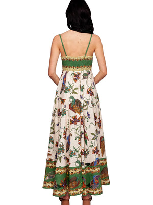 Multi Bird Plant Print Shirred Back Cami Dress