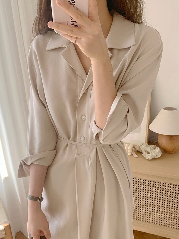 Button-up Long Sleeve Self Belt Polo Shirt Dress