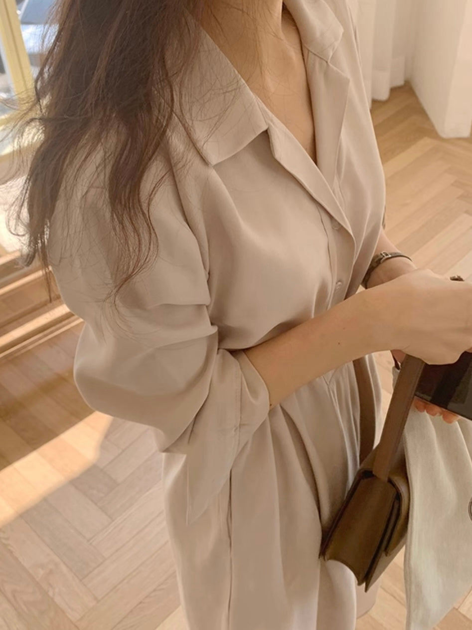 Button-up Long Sleeve Self Belt Polo Shirt Dress
