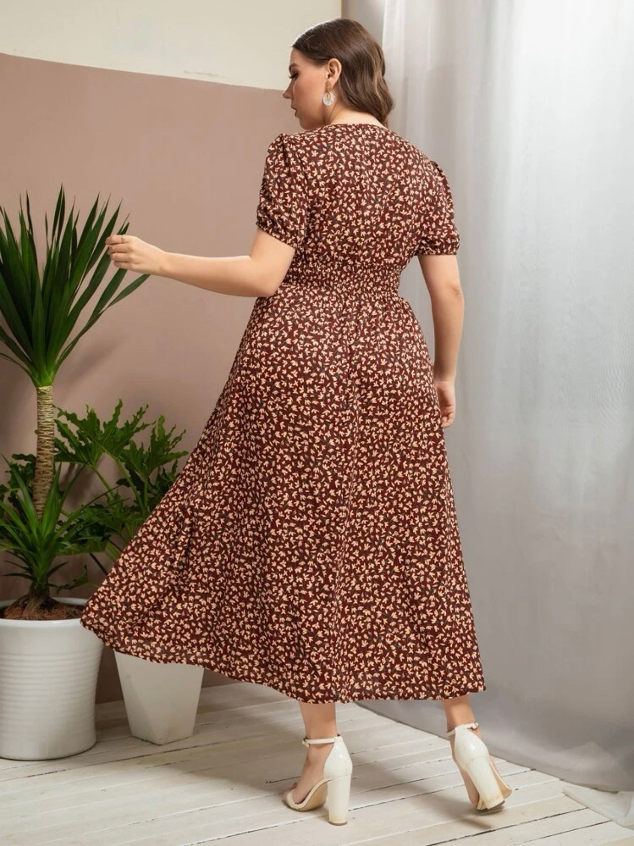 Puff Sleeve Shirred Waist Ditsy Floral Plus Size Dress