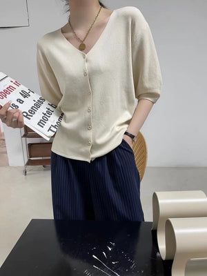 Working Button V-neck Half Sleeve Oversize Knitted Top