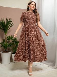 Puff Sleeve Shirred Waist Ditsy Floral Plus Size Dress