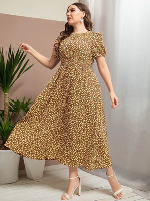 Puff Sleeve Shirred Waist Ditsy Floral Plus Size Dress